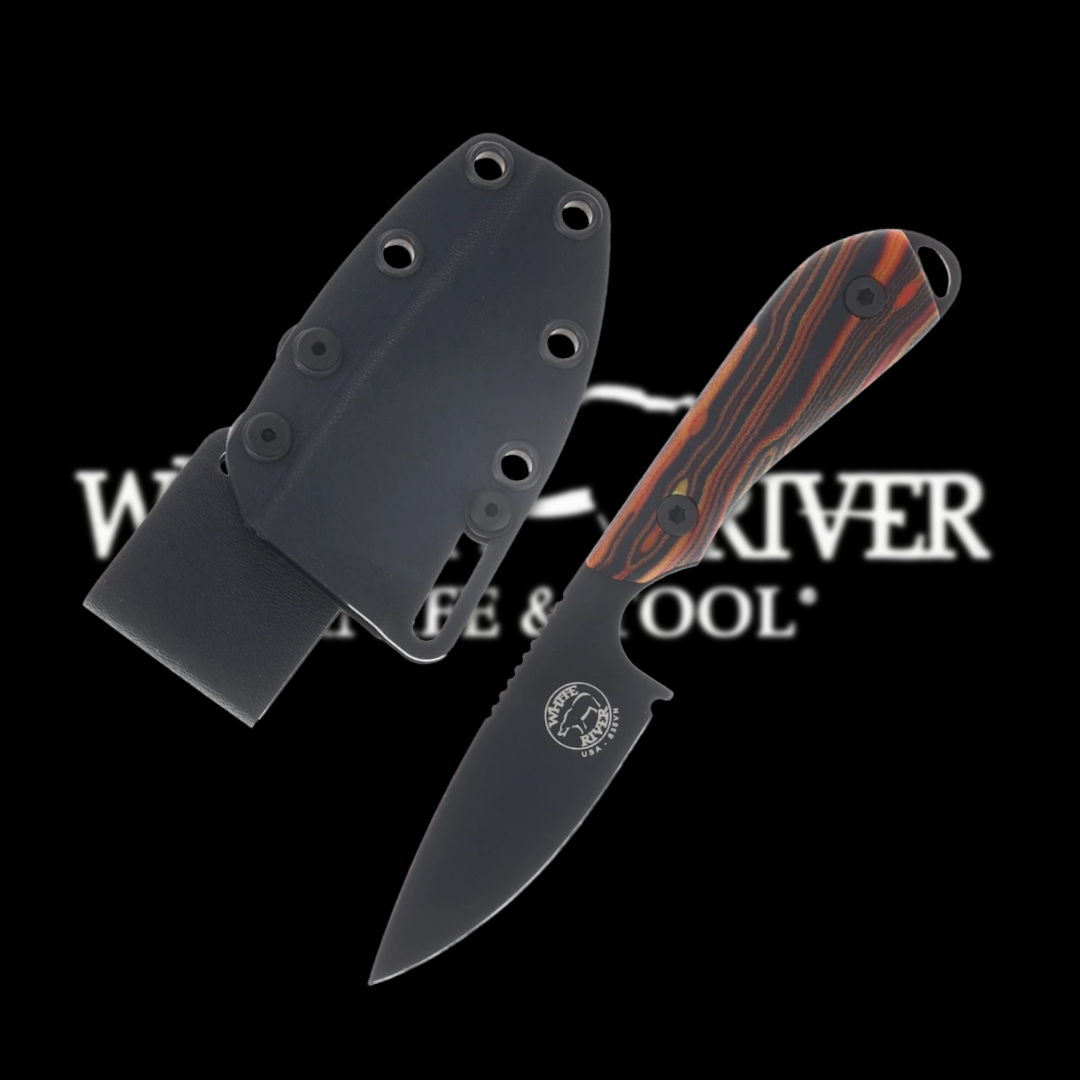 Knife with sheath against a black background featuring a logo.