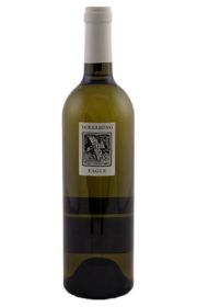 A bottle of white wine with a label design.