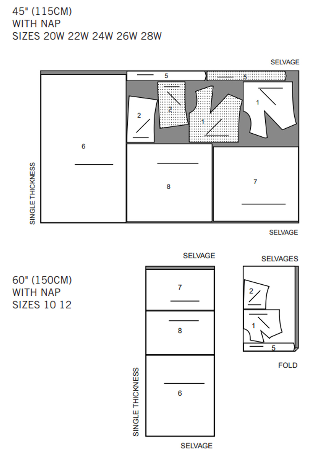 Sizing chart for garments with measurements and layout details.
