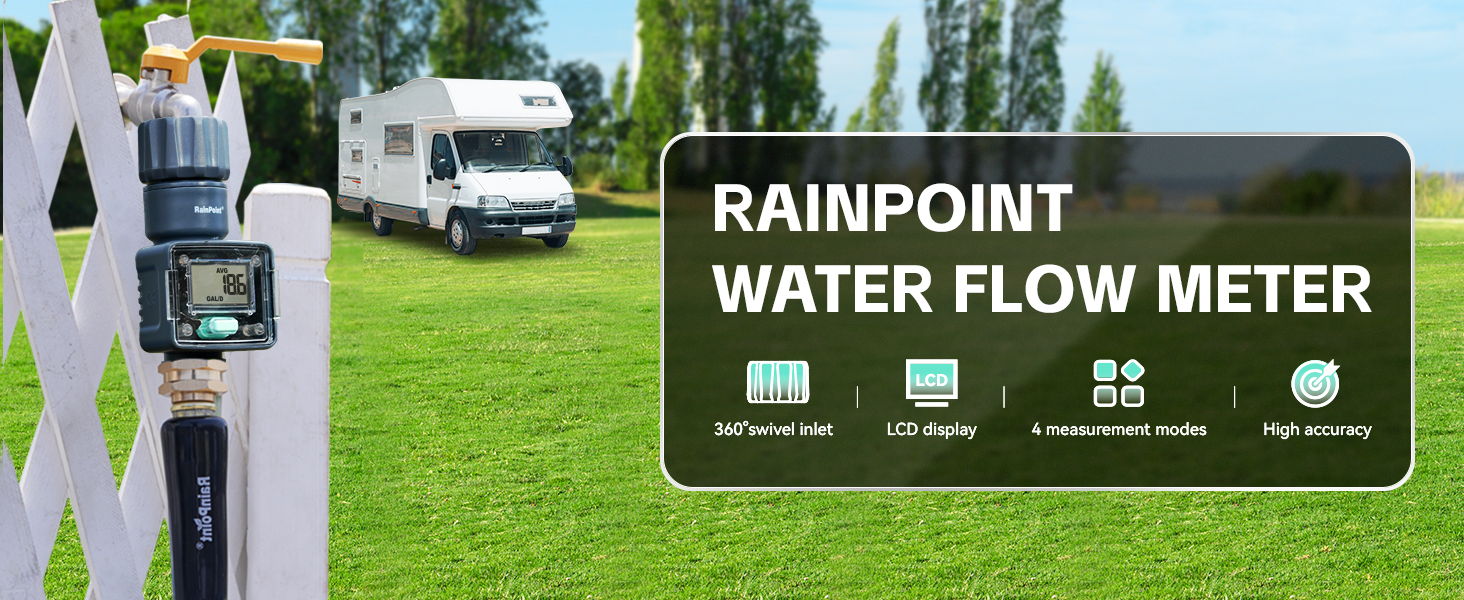 Rainpoint water flow meter displayed in a grassy outdoor setting.