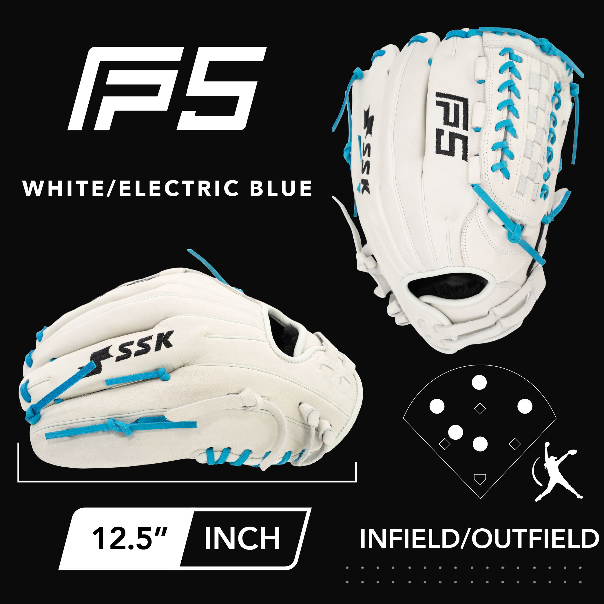 Baseball glove in white and electric blue, 12.5 inches, for infield/outfield use.