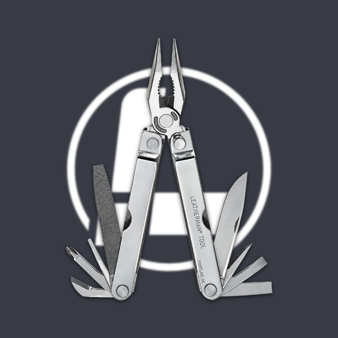A silver multi-tool with various tools displayed against a dark background.