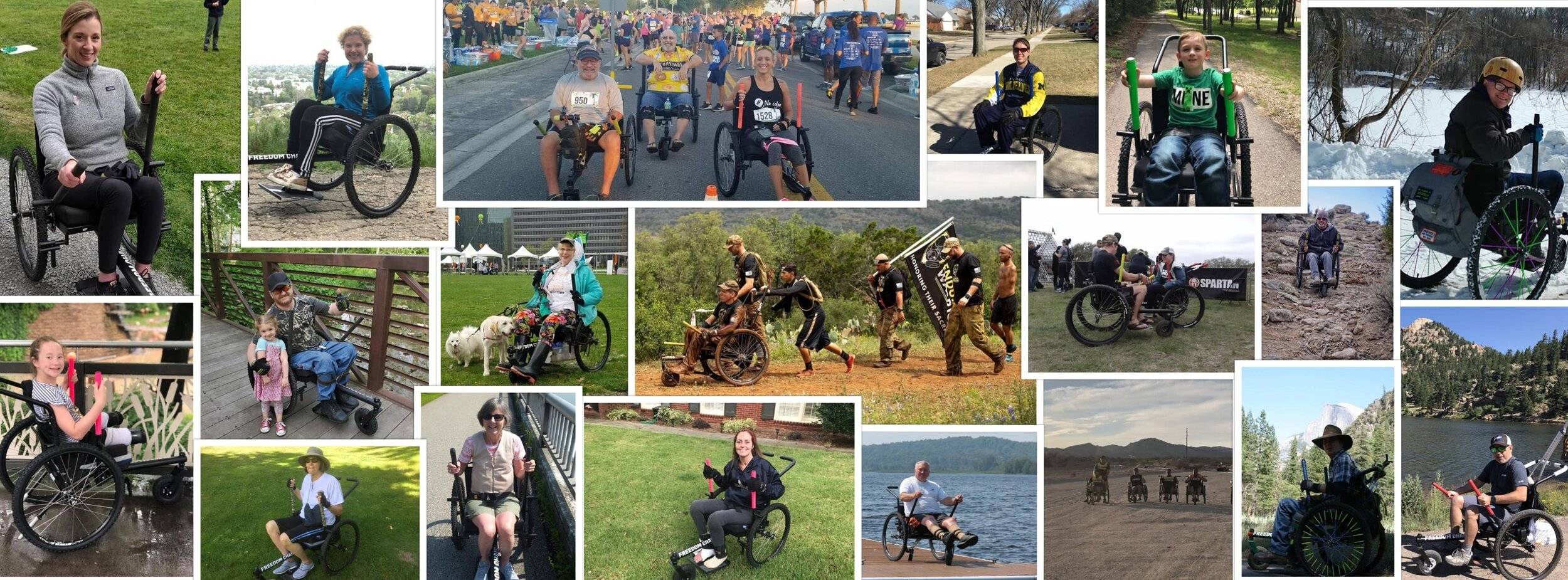 Photo collage of 25 all-terrain wheelchair users using GRIT Freedom Chair on pavement, dirt, grass, rocks, snow, and other outdoor surfaces 