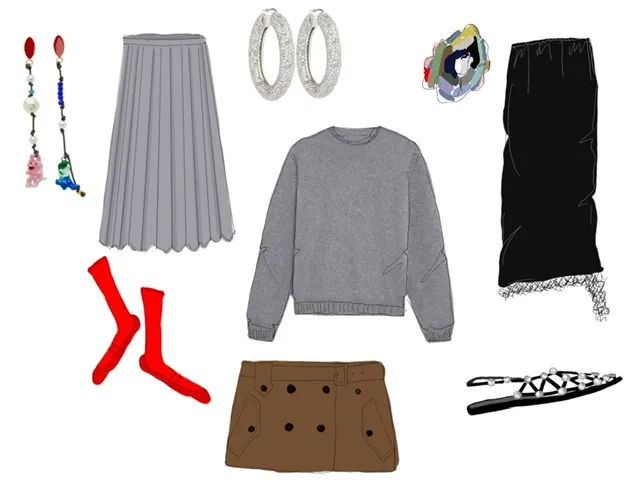 Collection of clothing items and accessories arranged aesthetically.