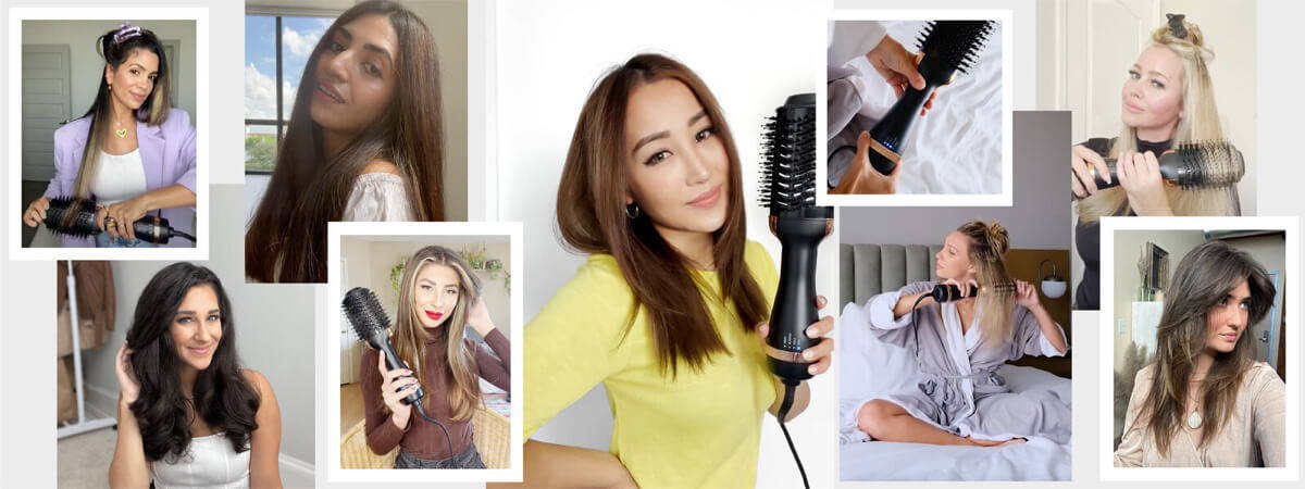 woman with different hair types using the blow brush