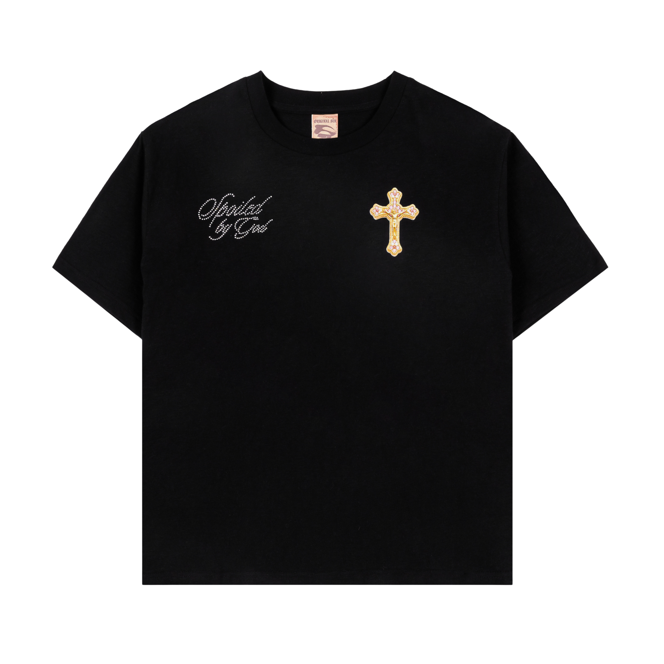 Black t-shirt with gold cross and text 