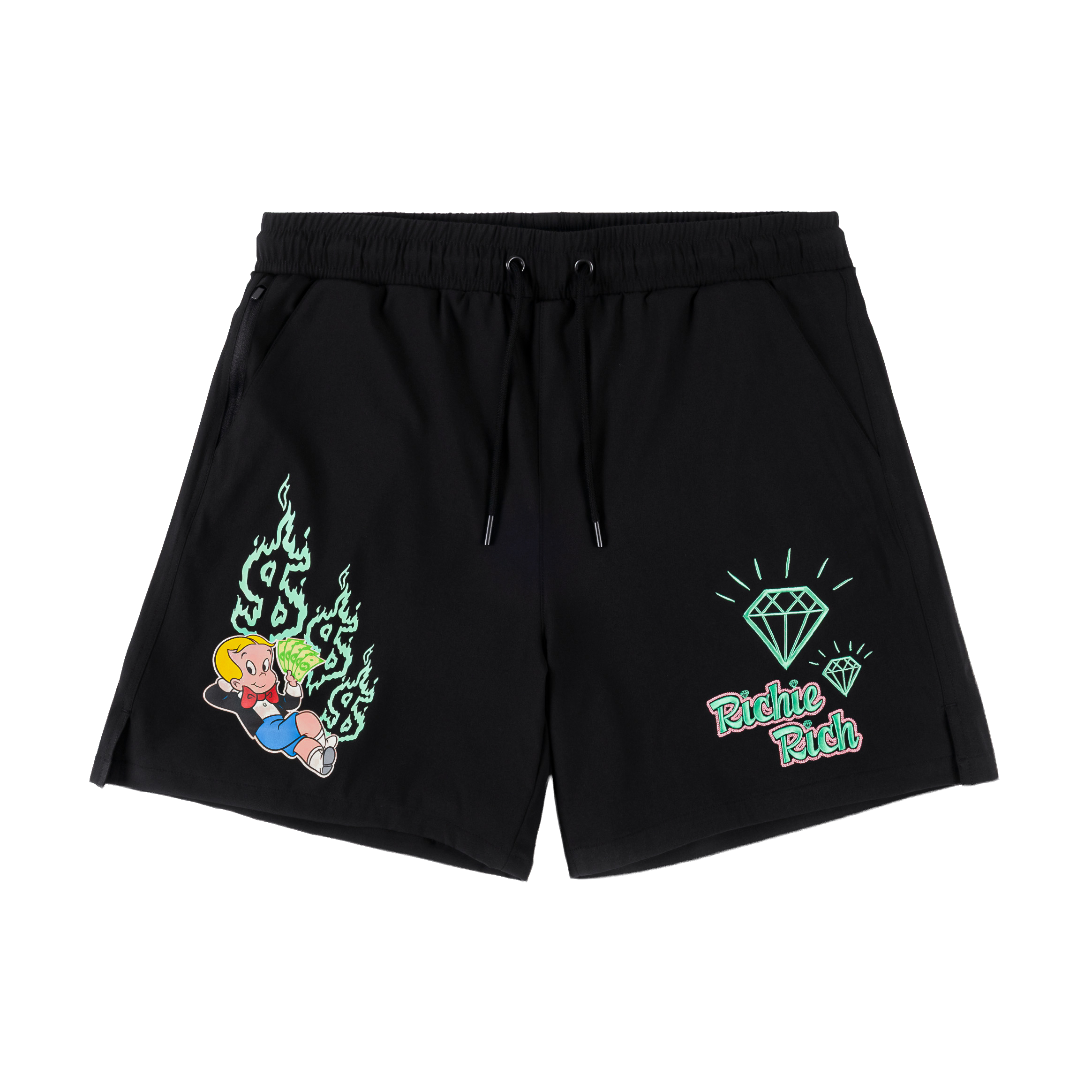 Black shorts with colorful cartoon graphics and diamond design.