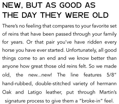 Text discussing the quality and features of new reins for horses.