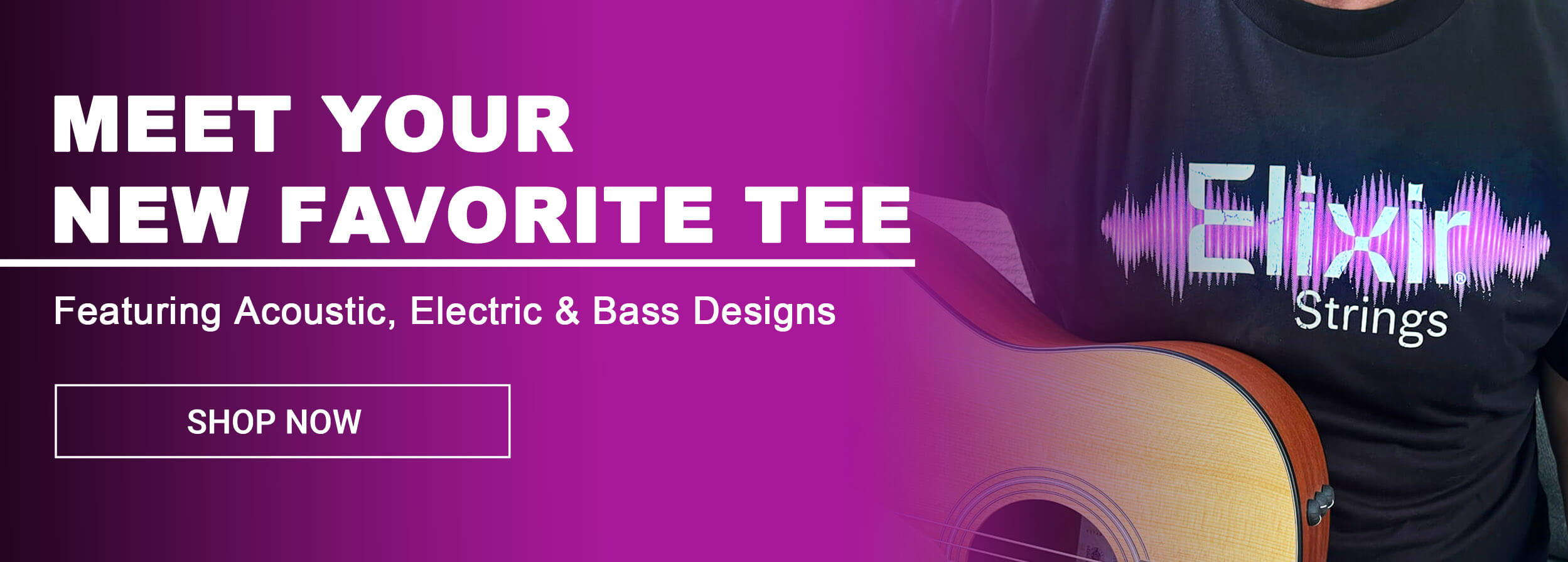 Promotional banner for Elixir Strings featuring a guitar design.