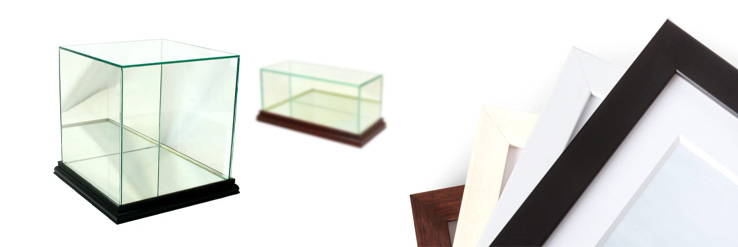 Glass display cases and wood frames.