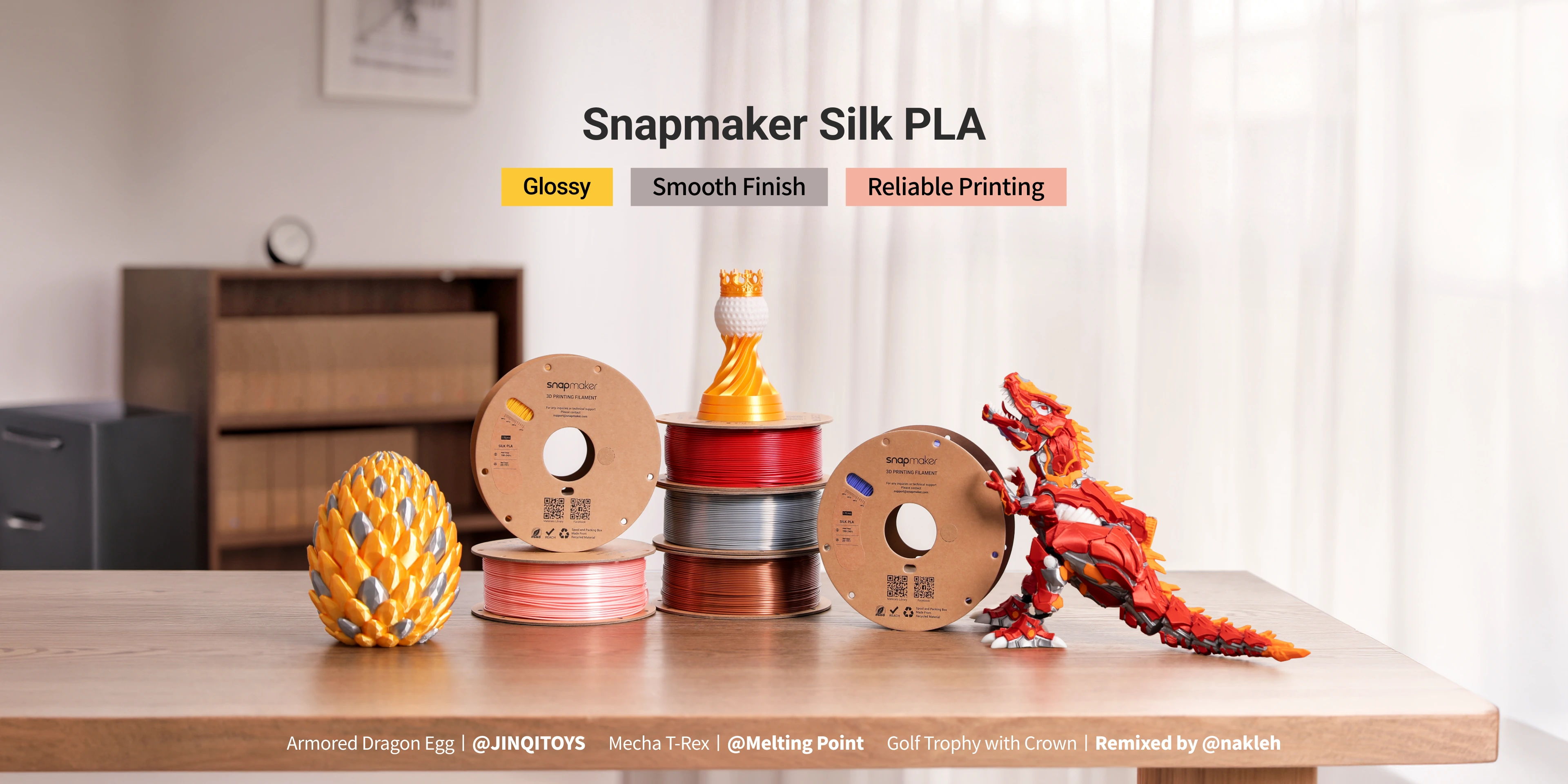 Silk PLA Filament (RFID) with glossy printed models showing smooth finish and reliable 3D printing results.