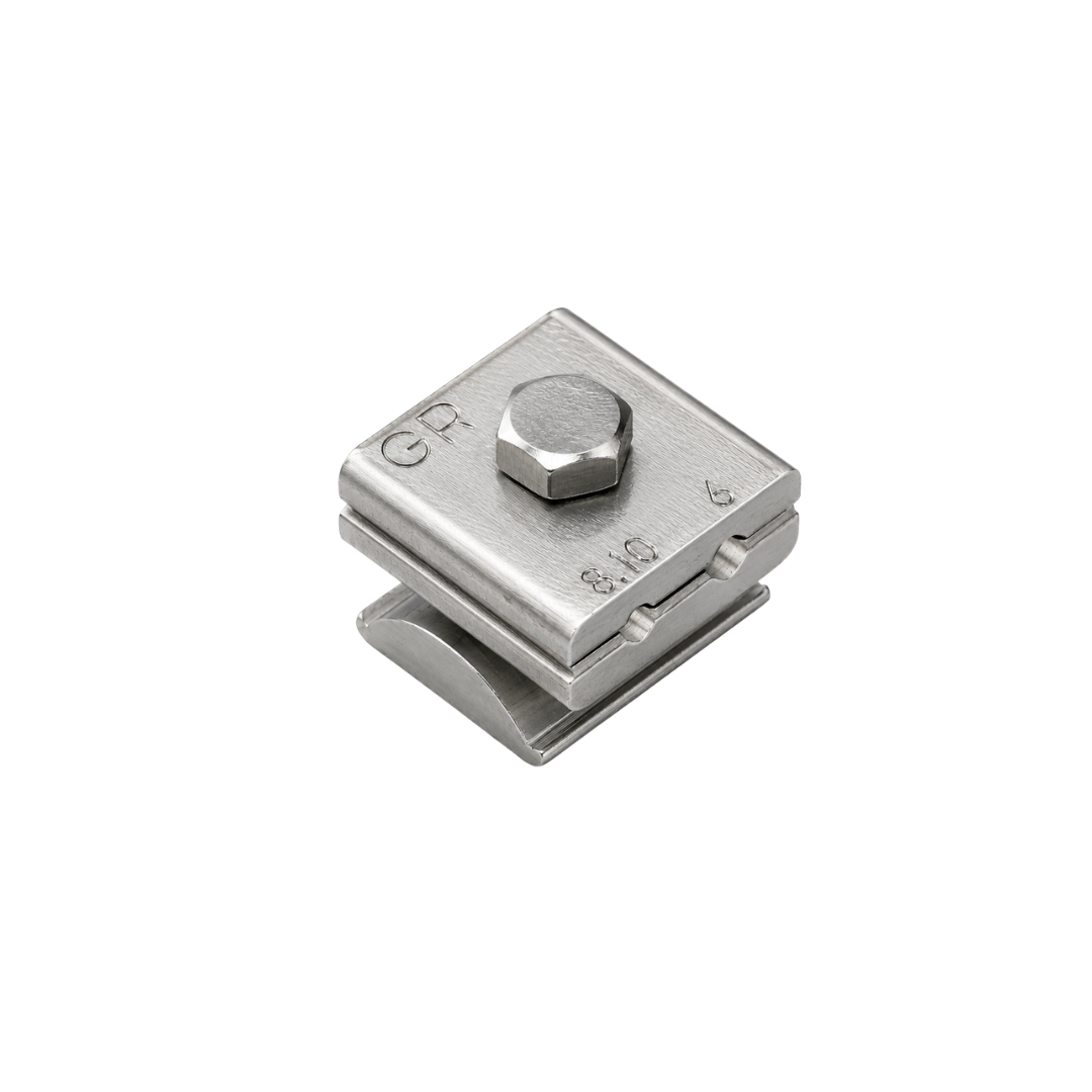 Metal square fastener with a hexagonal nut on top.