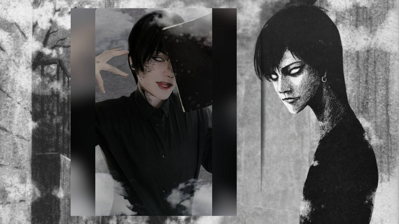 cosplayer beside illustration Junji Ito inspired Mitsuo Mori Crossroads Pretty Boy cosplay comparison photo real life cosplay next to character artwork anime horror aesthetic black uniform wig colored contacts eerie minimalist gothic cosplay side by side reference image