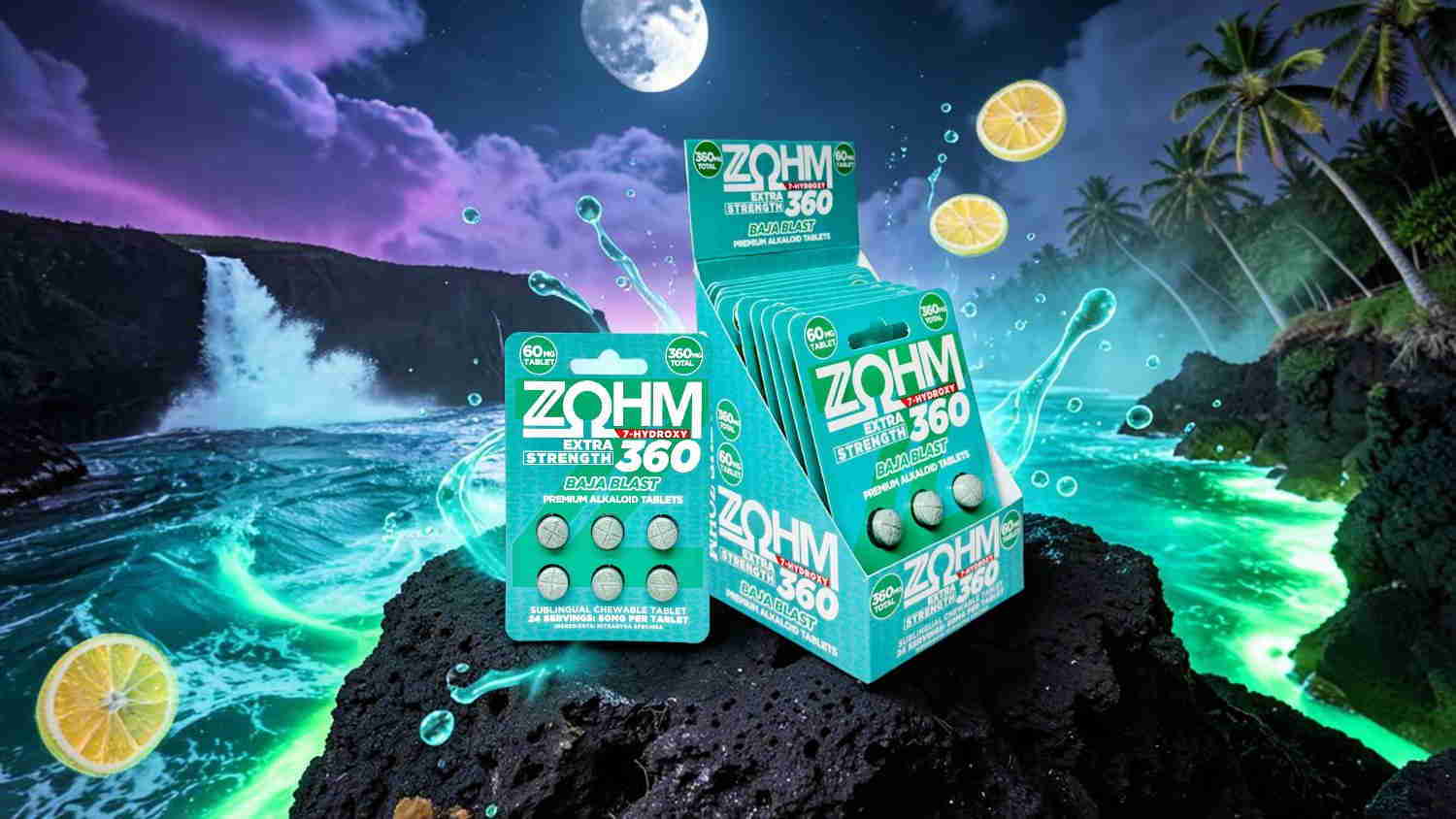 Boxes of Zohm 360 on a rocky shore with a vibrant ocean backdrop.