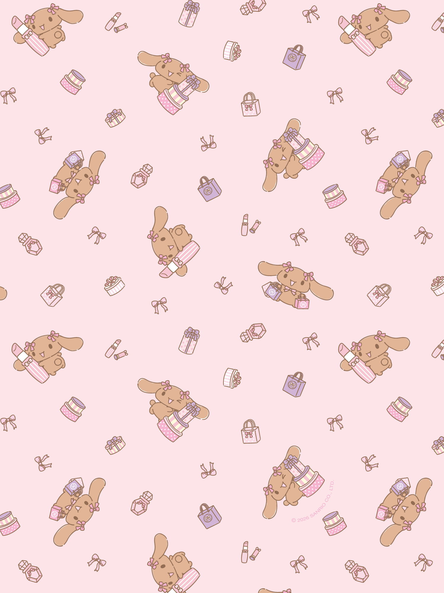 Pattern of Lovelymocha with baked goods and yarn on a pink background.