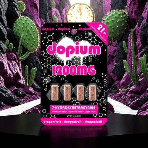 Dopium 1200mg packaging with four tablets against a vibrant, surreal background.