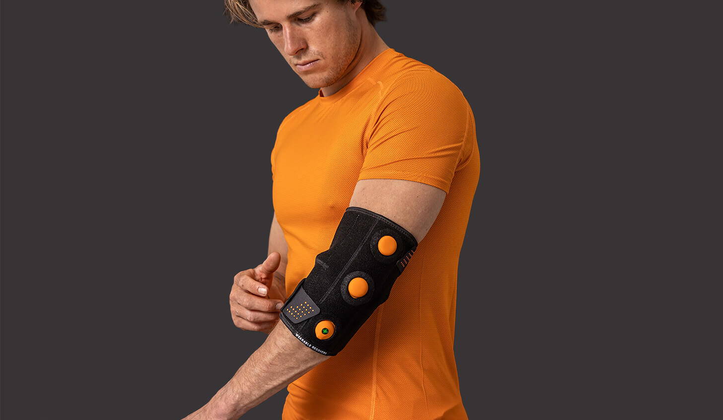 Myovolt Focal Vibration Arm device is a wearable physiotherapy treatment for repetitive sports injuries such as tennis elbow.