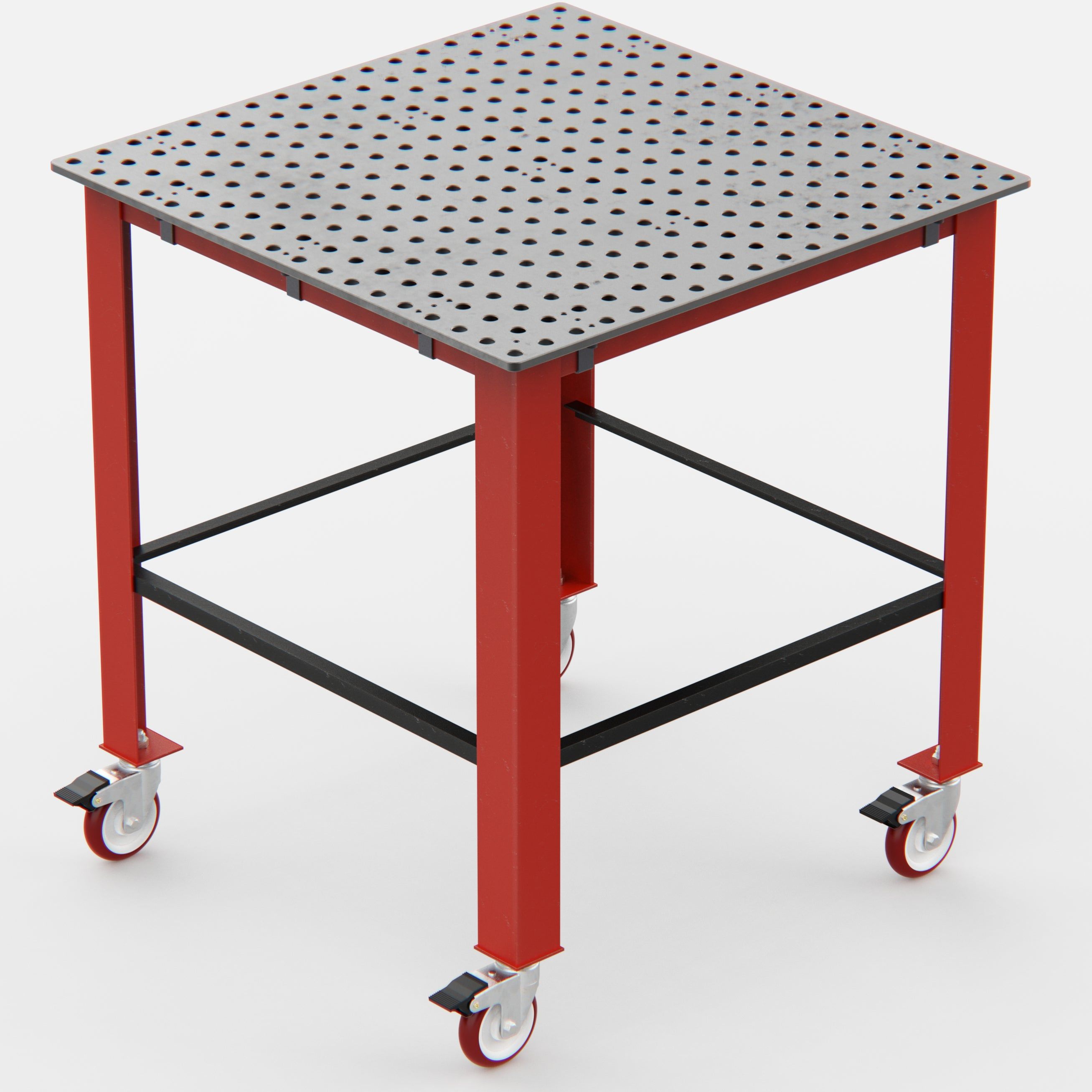 A red wheeled work table with a perforated metal top.