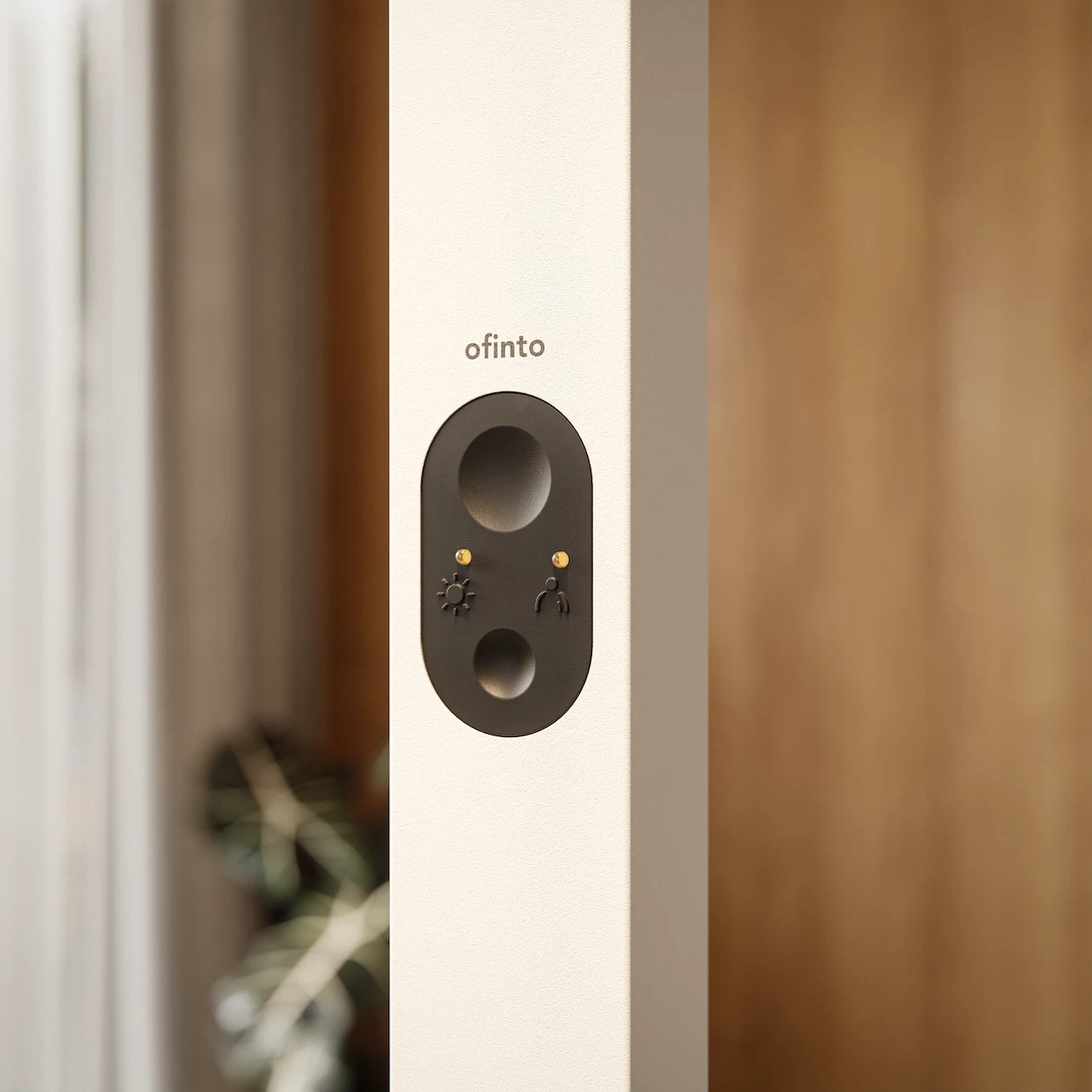 Close-up of the black touch control panel on the white stand of the " Lumino Pro" floor lamp by ofinto, featuring icons for brightness and the presence sensor.