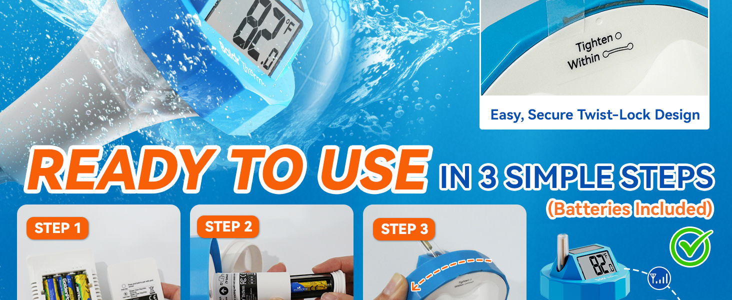Image promoting a product with steps for use and a waterproof design.