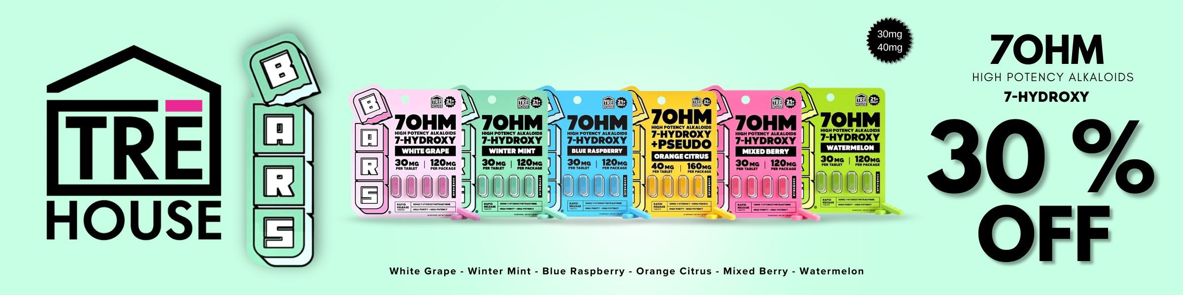 Tre House products with 30% off promotional offer on a pastel background.