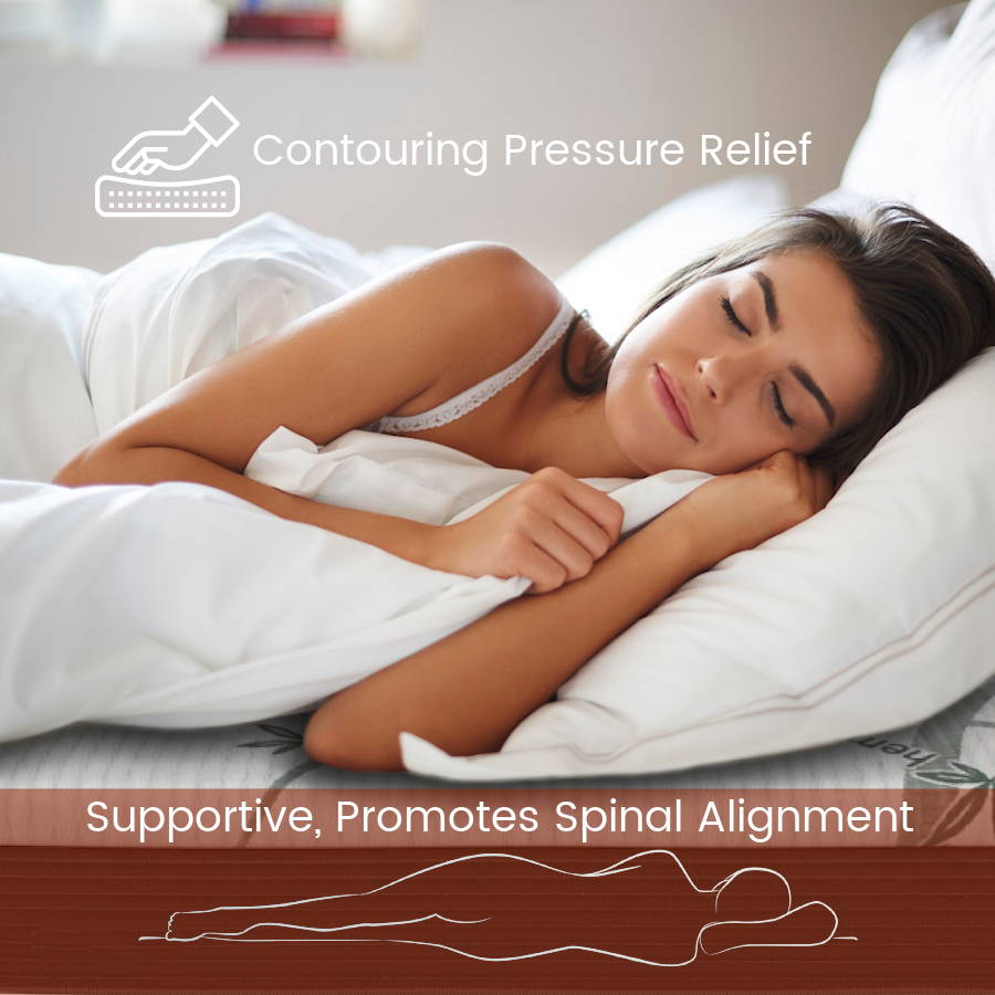 A woman laying on a memory foam bed with contouring pressure relief that is supportive and promotes spinal alignment.