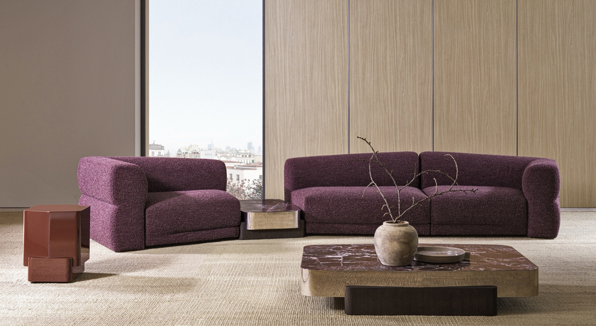 Top view of a modern purple Emile sofa by Molteni & C with marble accents.