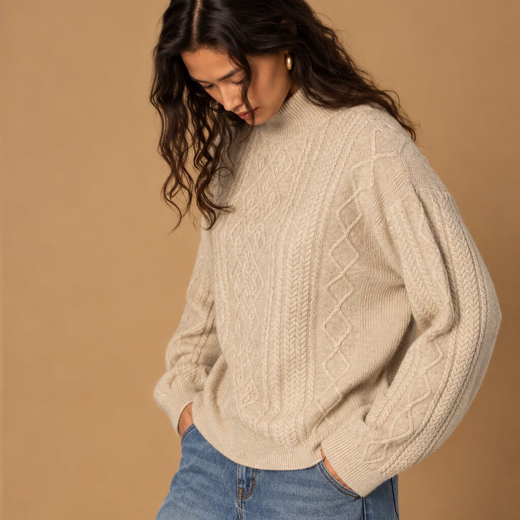 A woman wearing a cream-colored cable-knit mock-neck sweater with balloon sleeves, paired with blue jeans, set against a solid warm beige background.