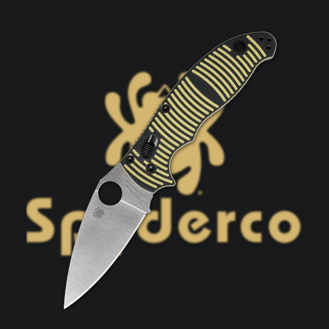 A Spyderco knife with a striped yellow and black handle.