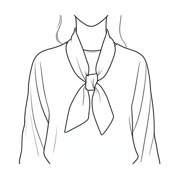 Black-and-white line drawing of a woman wearing a scarf tied close to the neck over a blouse
