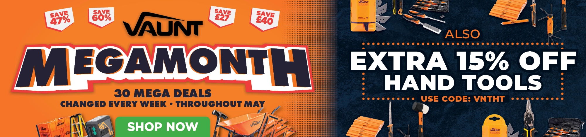 Promotional banner for Vaunt's Megamonth with discounts on hand tools.