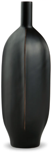 A black vase with a slender top.