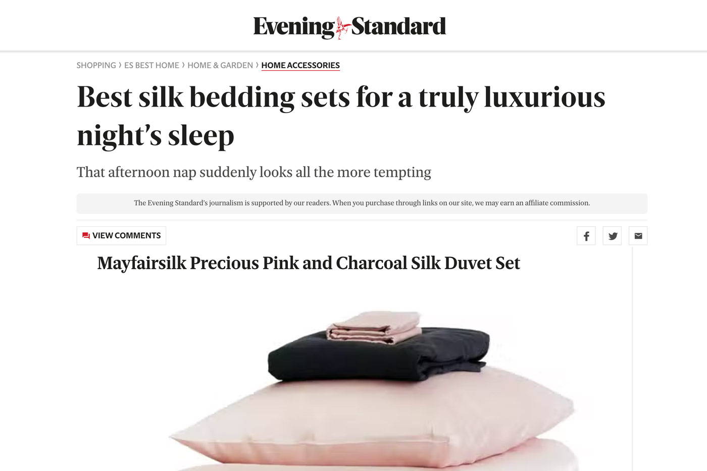 Evening Standard Reviews Mayfairsilk as one of the best silk bedding brands on the market