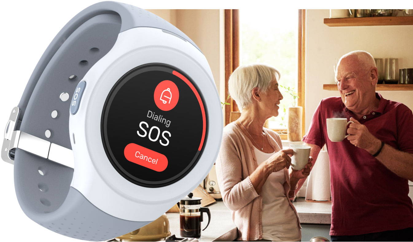 senior couple smiling with tea and coffe next to a close up image of Spacetalk Life watch screen showing SOS feature