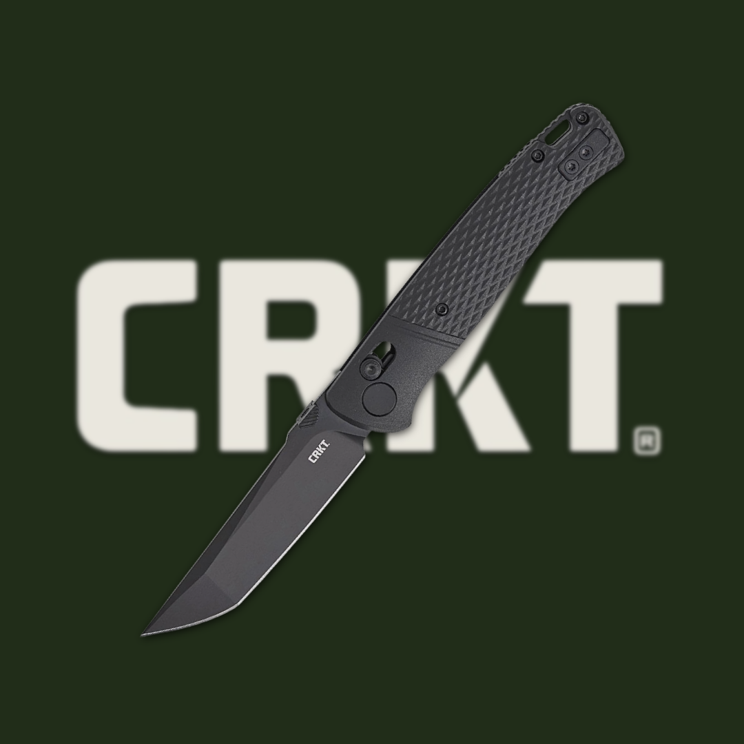 A black folding knife with a CRKT logo in the background.