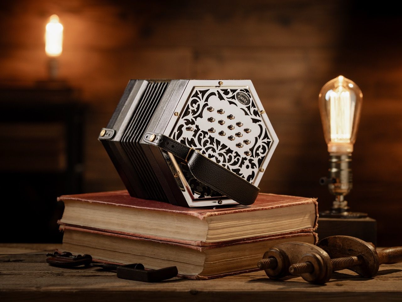 Swan Deluxe Concertina on a stack of books