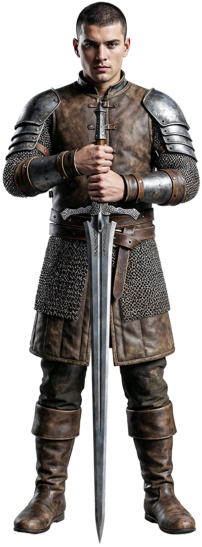 A knight in armor holding a sword, standing confidently.