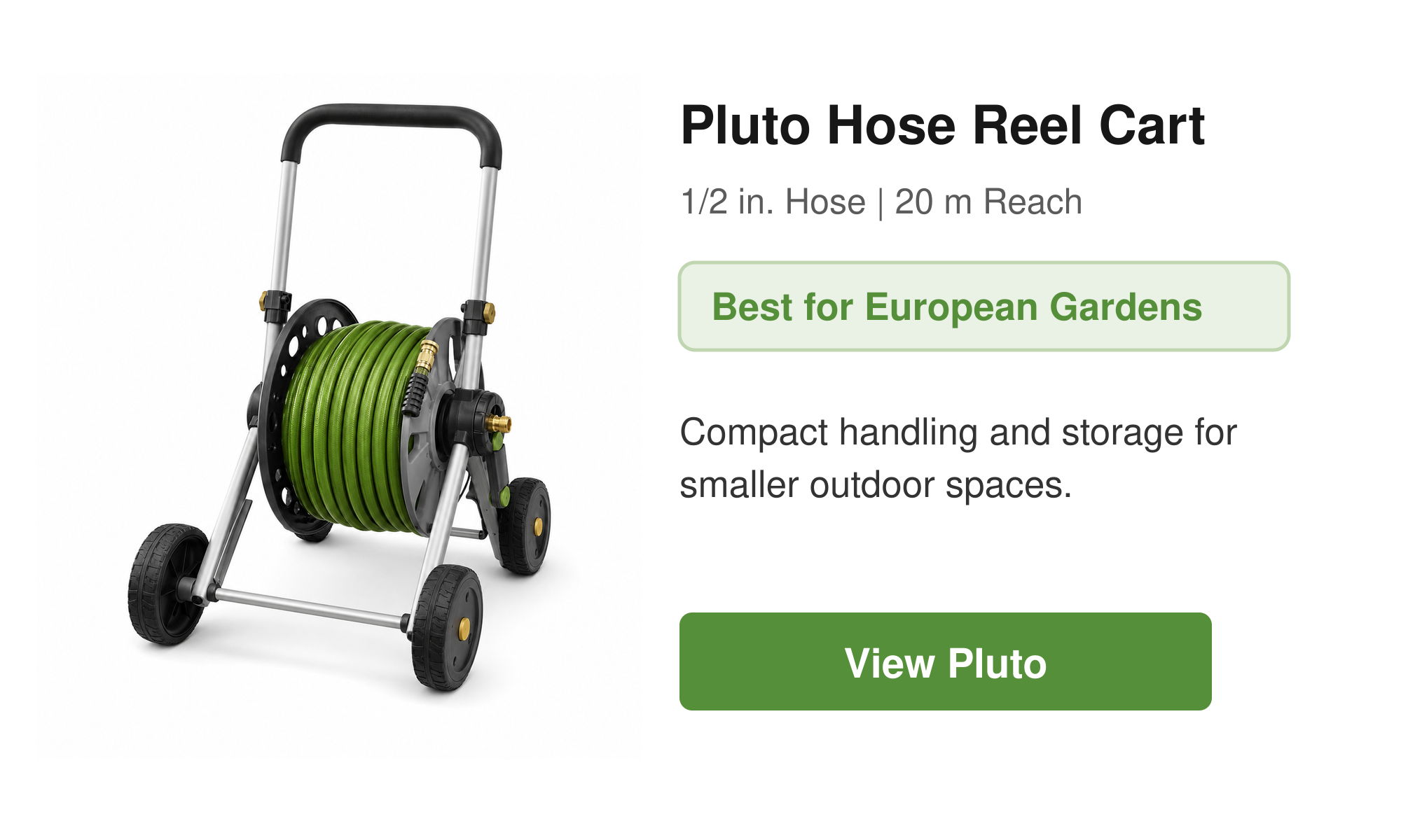 Pluto Hose Reel Cart with green hose for compact outdoor storage.