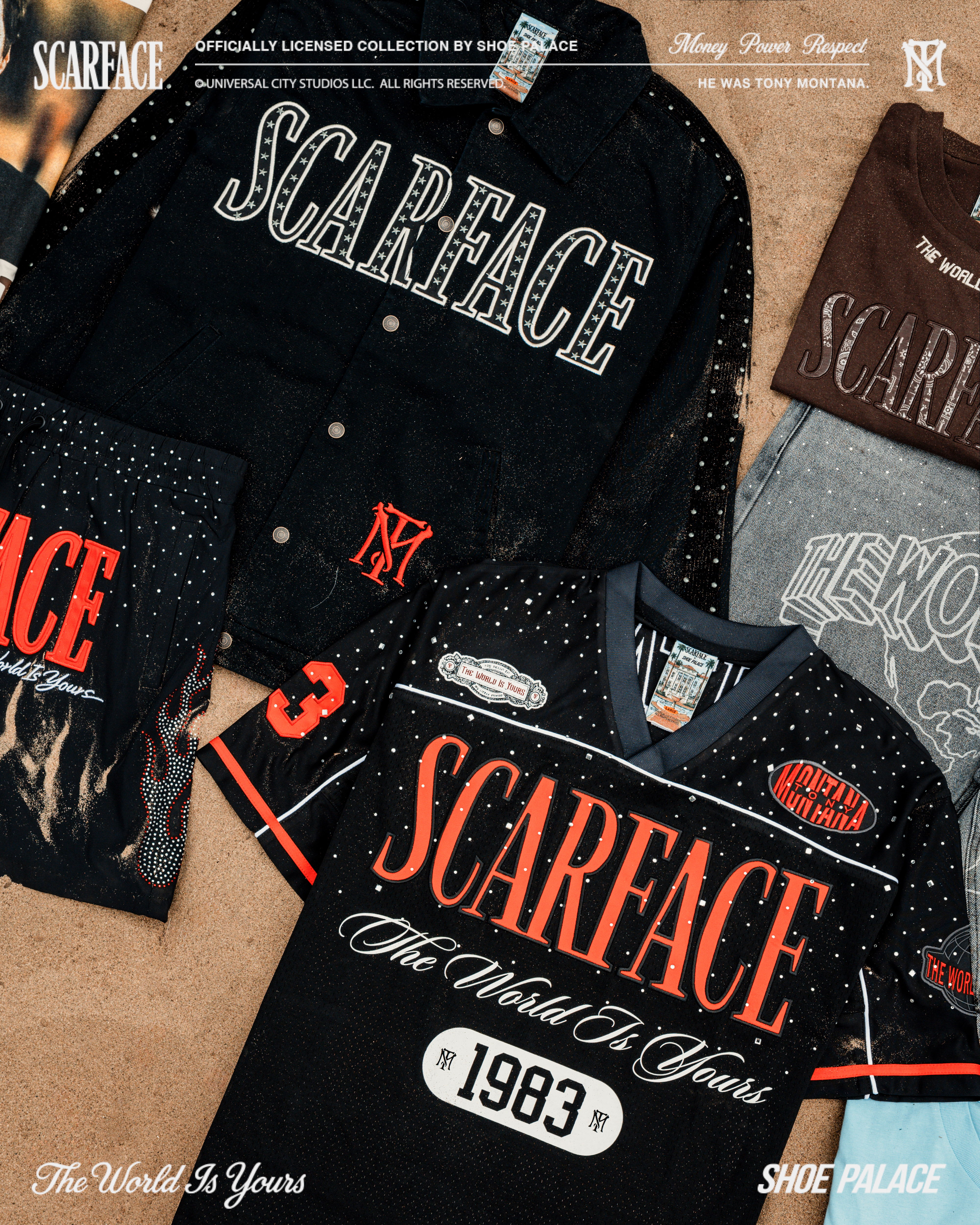 Collection of SCARFACE themed apparel displayed on a flat surface.
