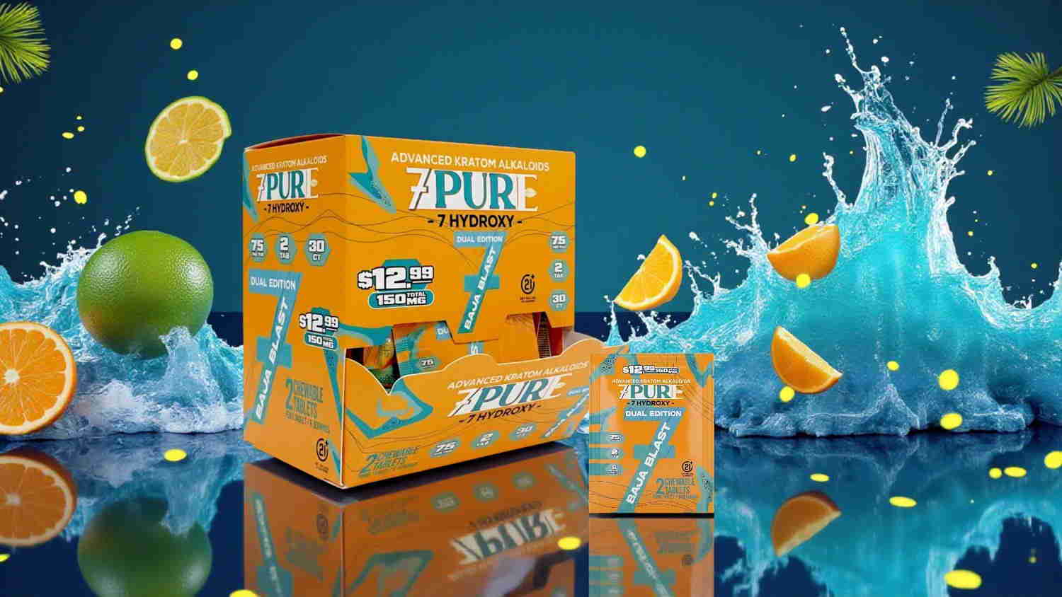 Orange packaging with fruit and splashes of water in a vibrant background.