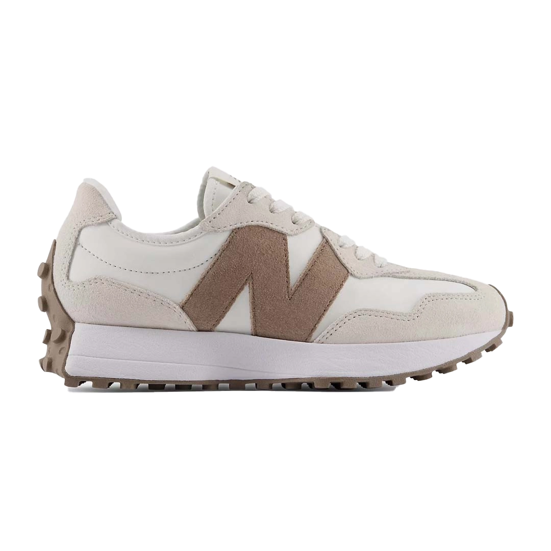 White and brown athletic shoe with a distinctive 