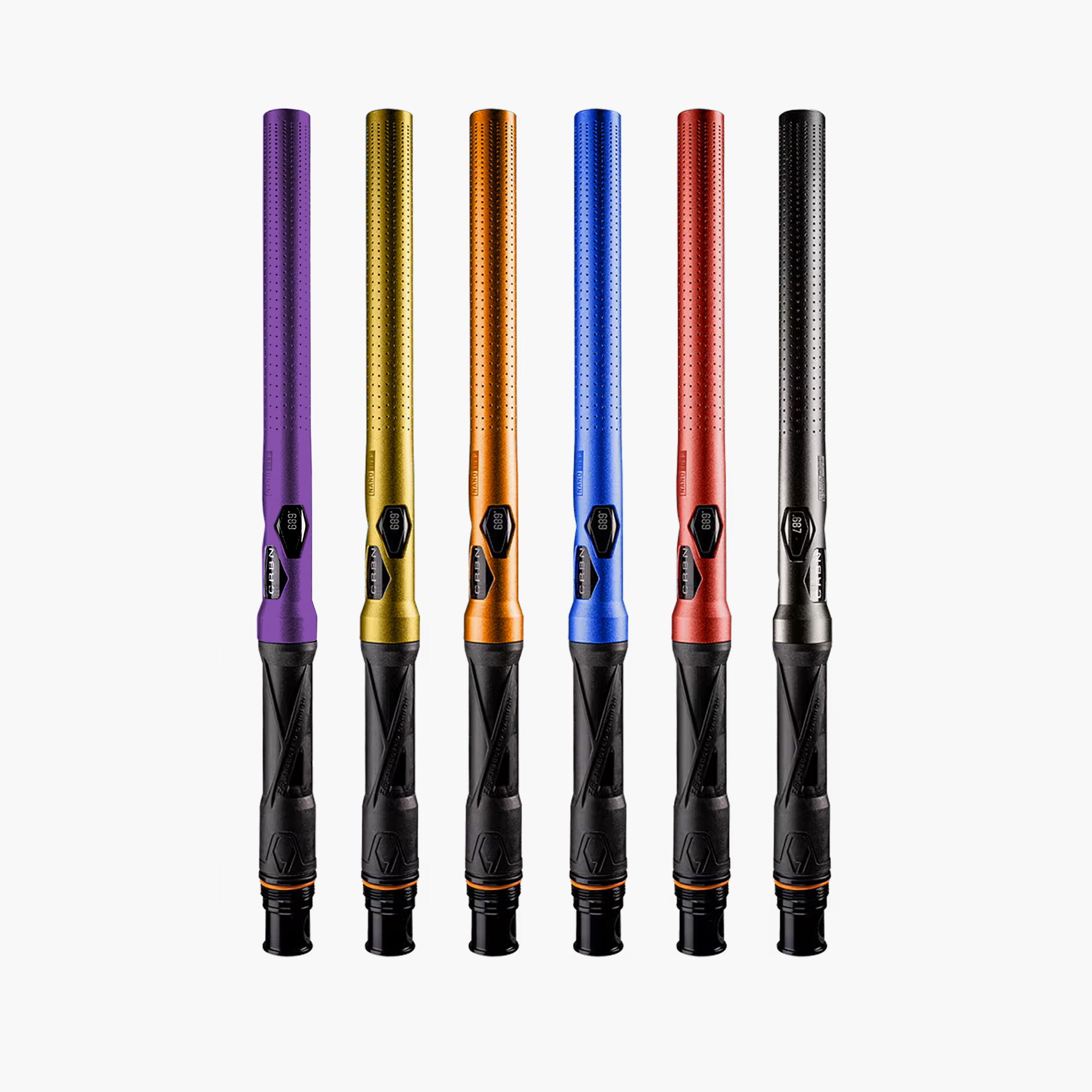 Six colorful paintball barrels arranged in a row on a white background.