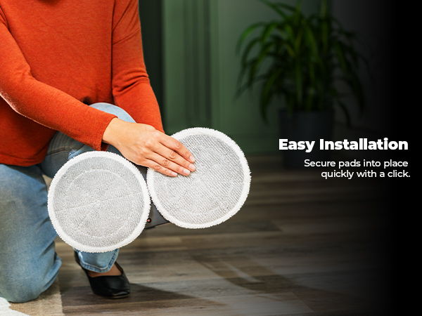 A person installs mop pads on a steam mop. Text about easy installation.
