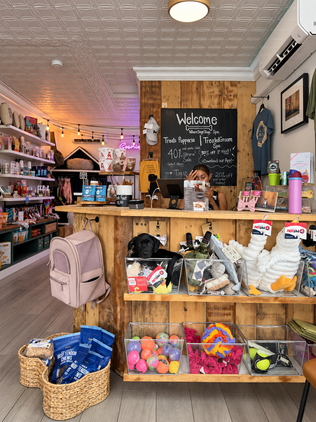 The original Treats Pupperia shop, with its wooden counter, treat displays, and a black puppy among the toys