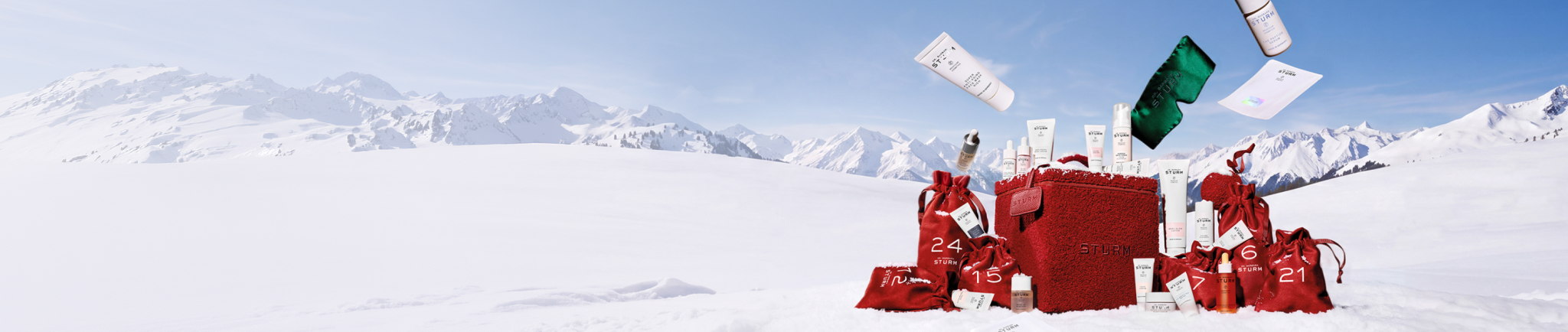 Red gift boxes with cash flying in a snowy landscape.