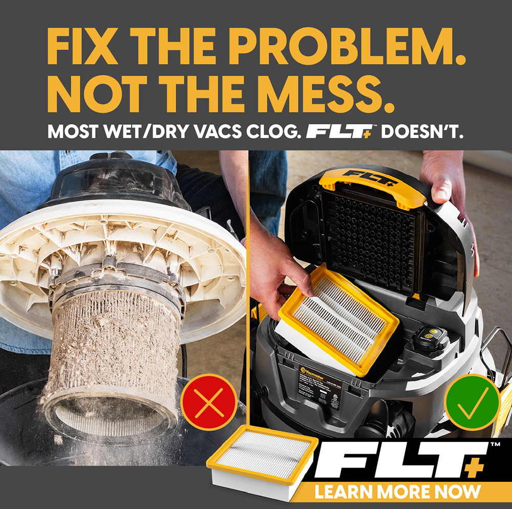 Image comparing clogged vacuum filter with a clean one, promoting FLT technology.