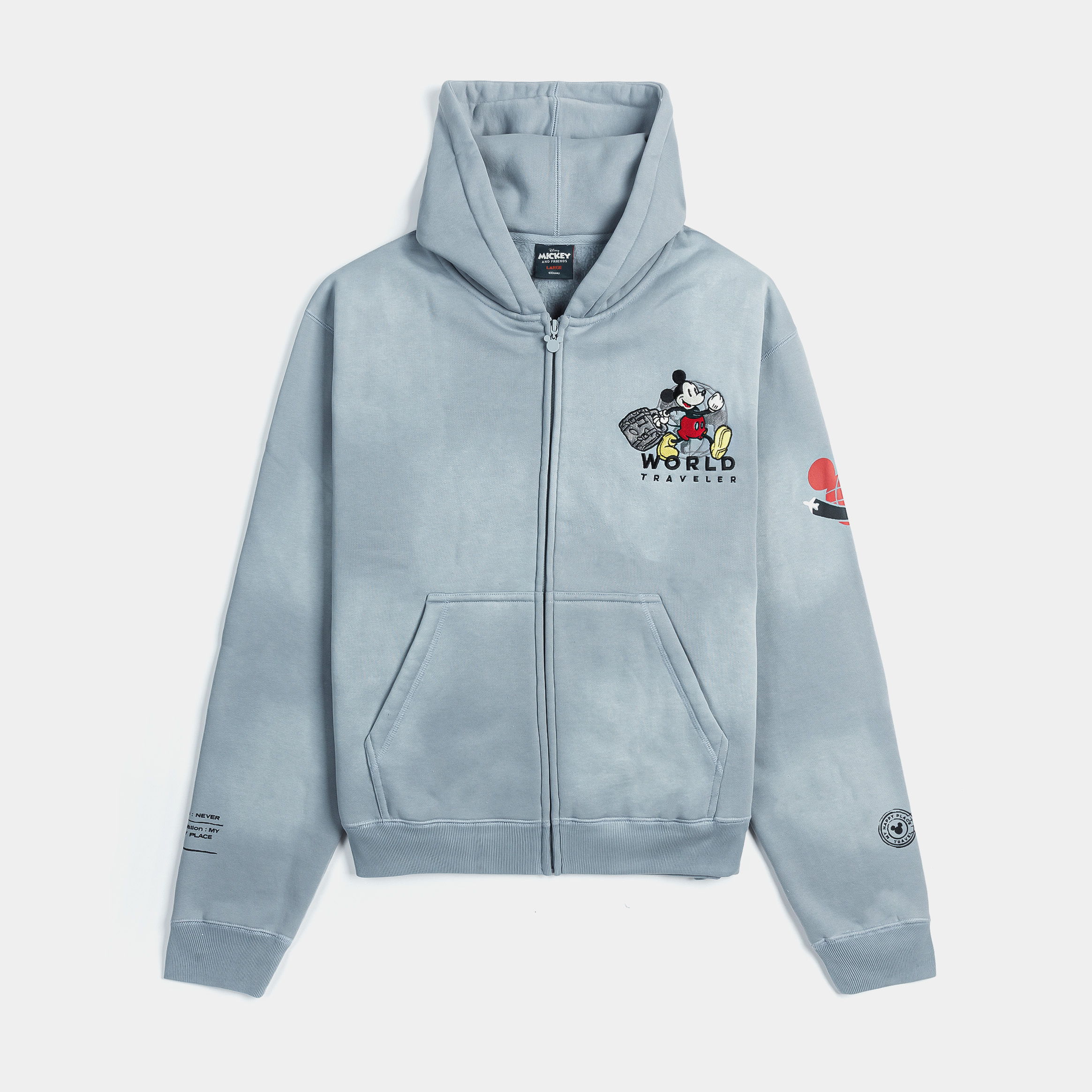Gray zip-up hoodie with graphic designs on the front and sleeve.