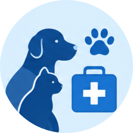 Dog and cat with a veterinary first aid kit and paw print.