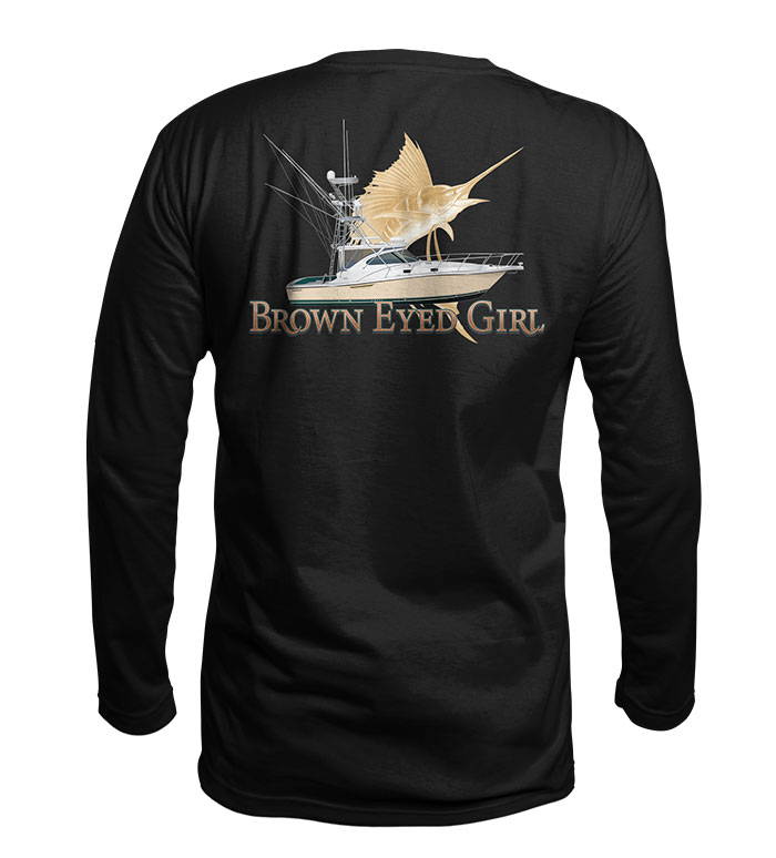Briny Custom Fishing Shirts with company logo fish and boat graphics - cotton long sleeve fishing shirts