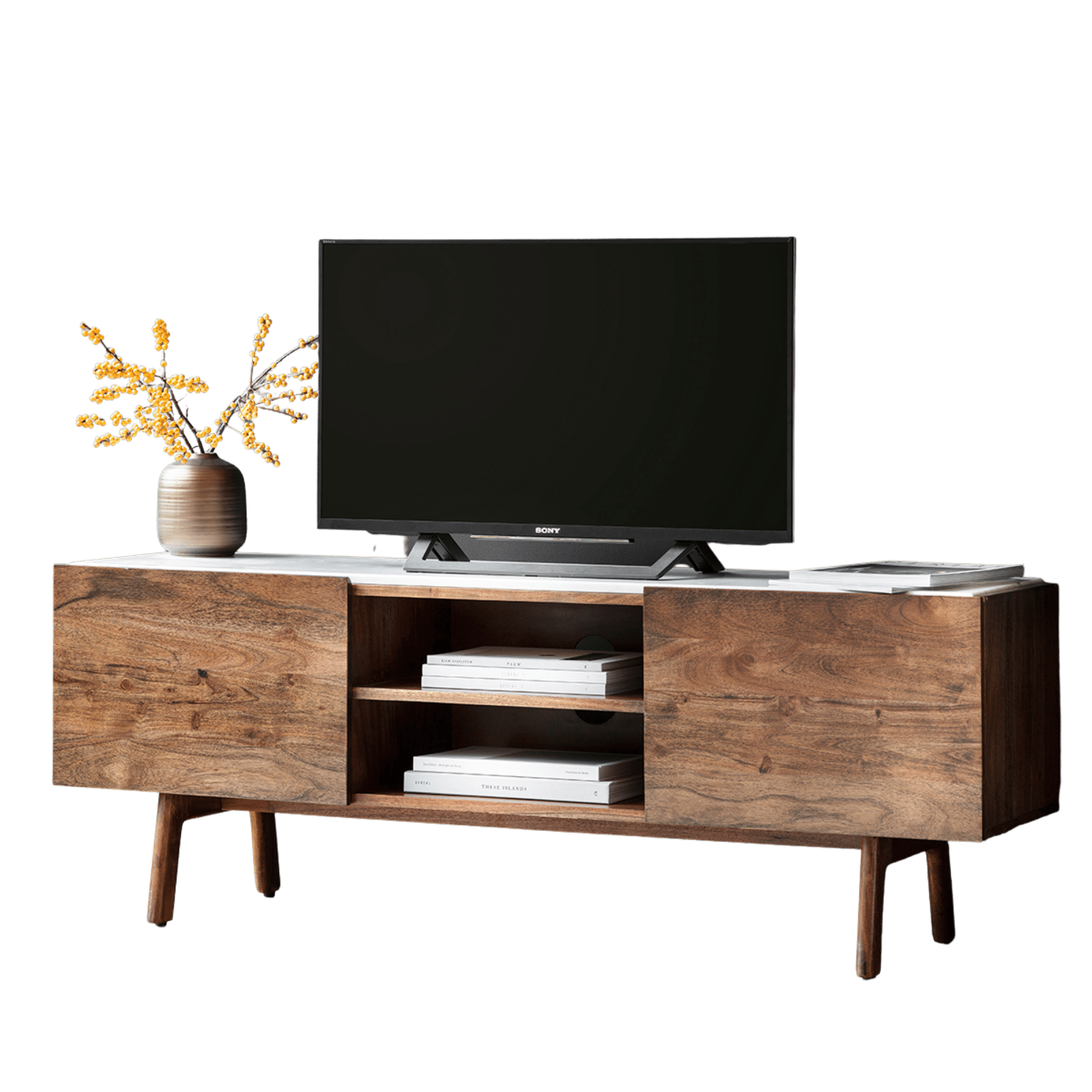 Fresca wood tv stand with marble top | malletandplane.com